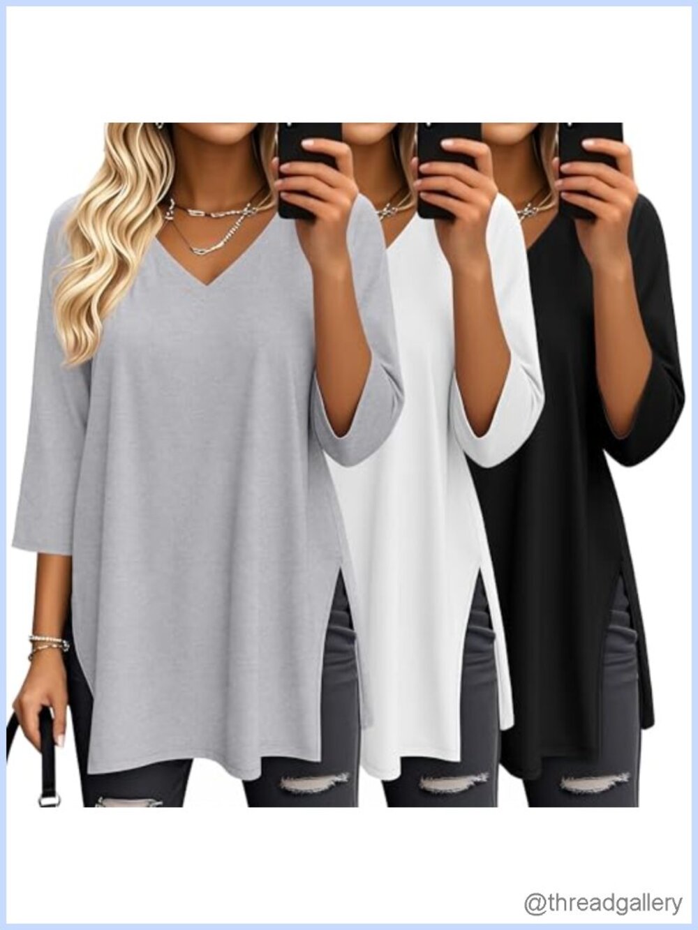3 Pack Women's 3/4 Sleeve V-Neck T-Shirts Oversized Loose Fit
